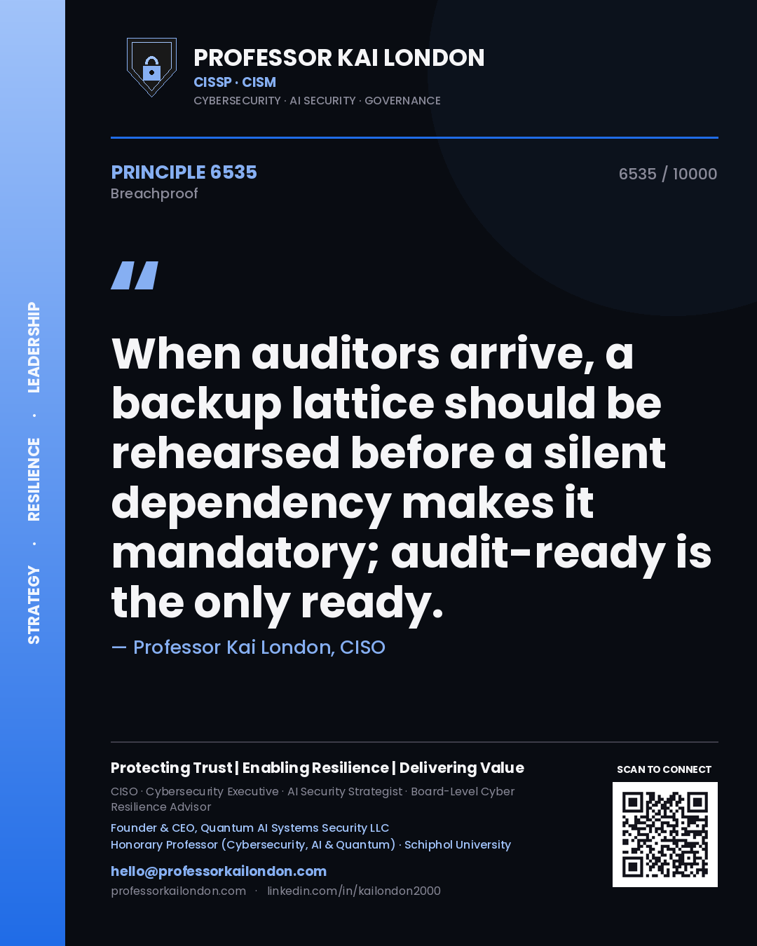 Professor Kai London principle 6535: When auditors arrive, a backup lattice should be rehearsed before a silent dependency makes it mandatory; audit-ready is the only ready.