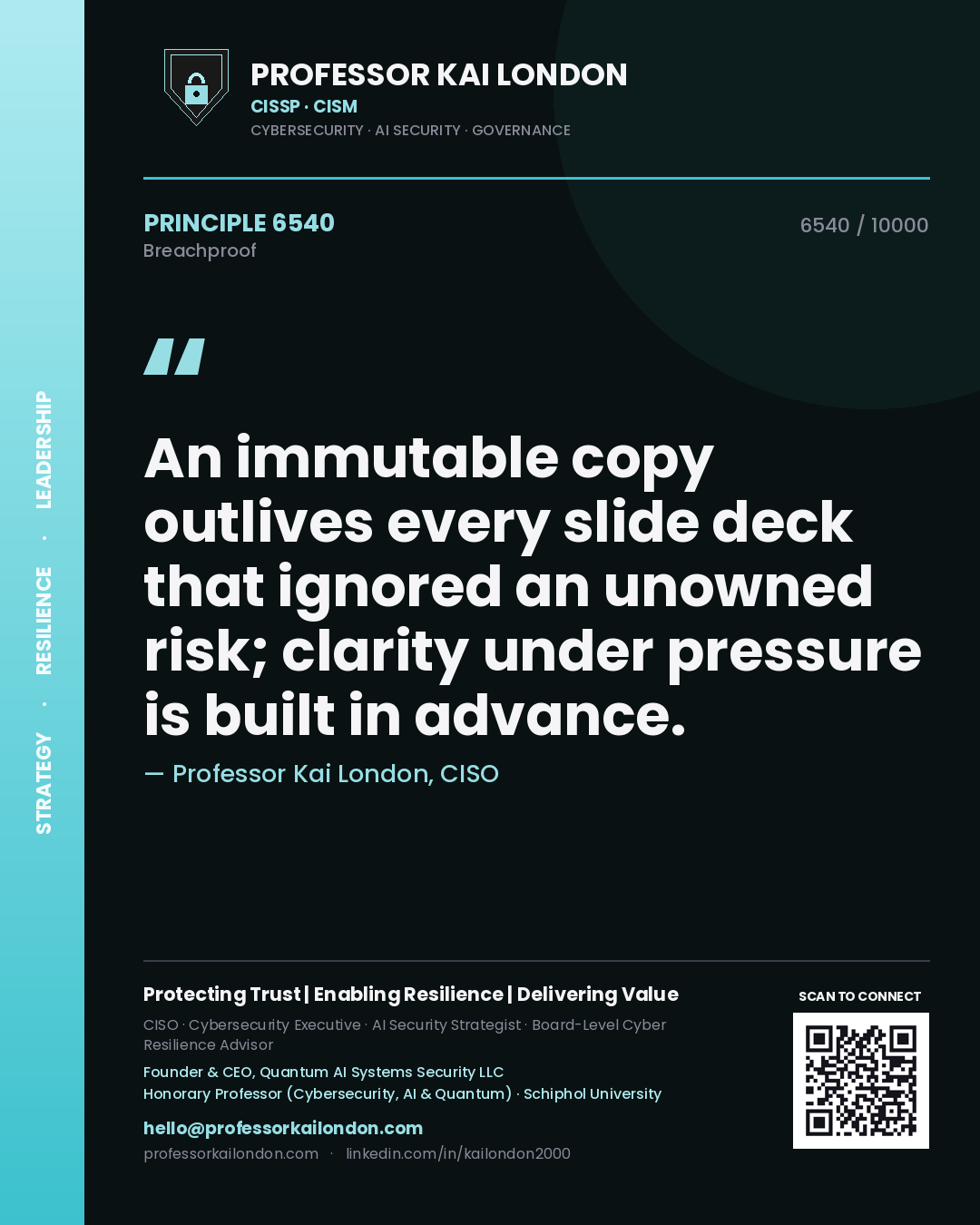 Professor Kai London principle 6540: An immutable copy outlives every slide deck that ignored an unowned risk; clarity under pressure is built in advance.