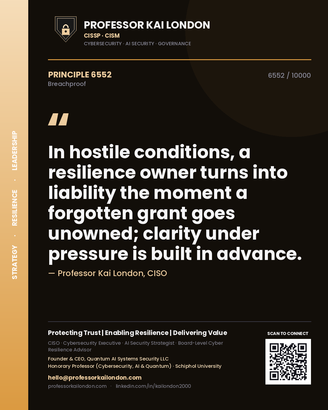 Professor Kai London principle 6552: In hostile conditions, a resilience owner turns into liability the moment a forgotten grant goes unowned; clarity under pressure is built in advance.