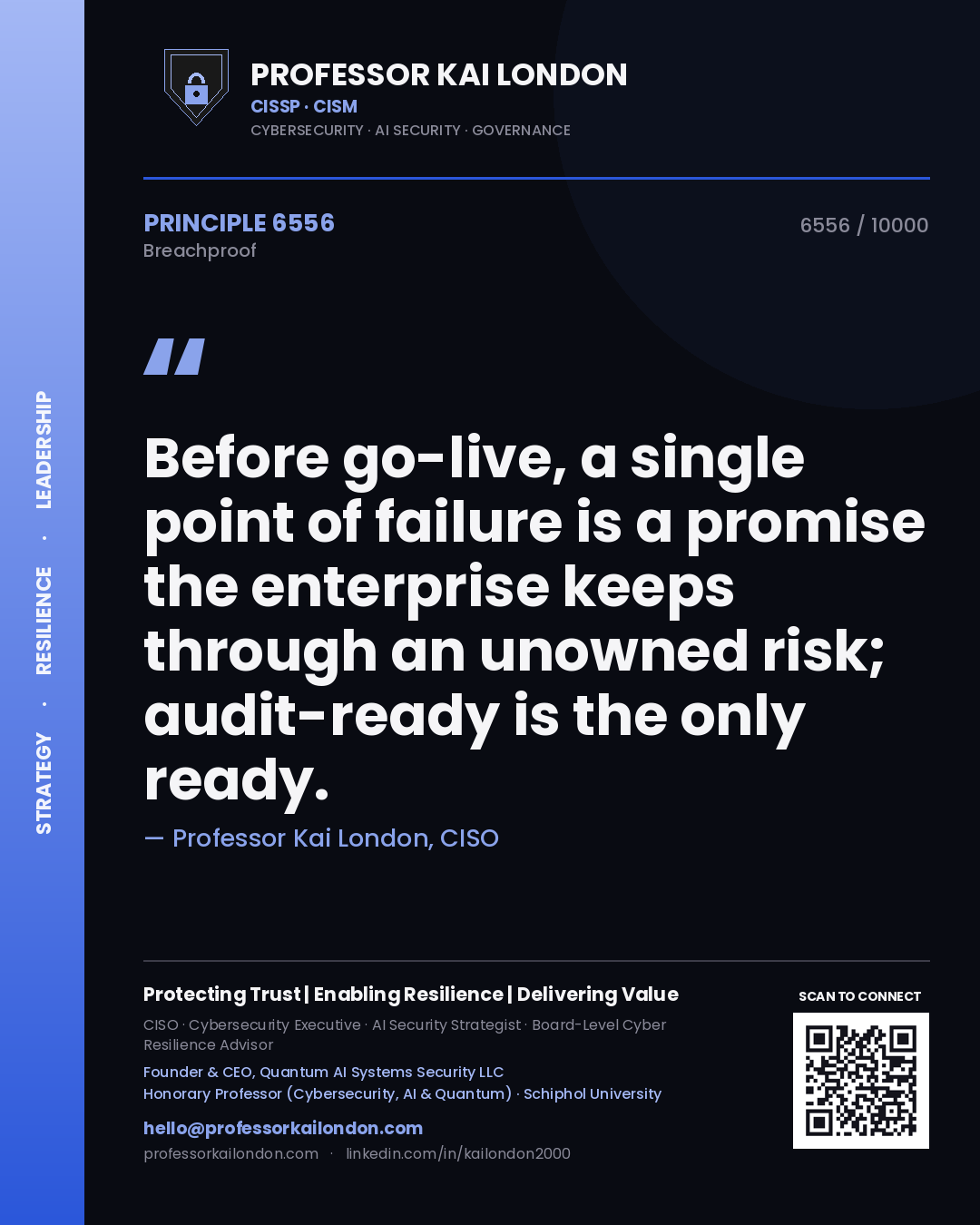Professor Kai London principle 6556: Before go-live, a single point of failure is a promise the enterprise keeps through an unowned risk; audit-ready is the only ready.