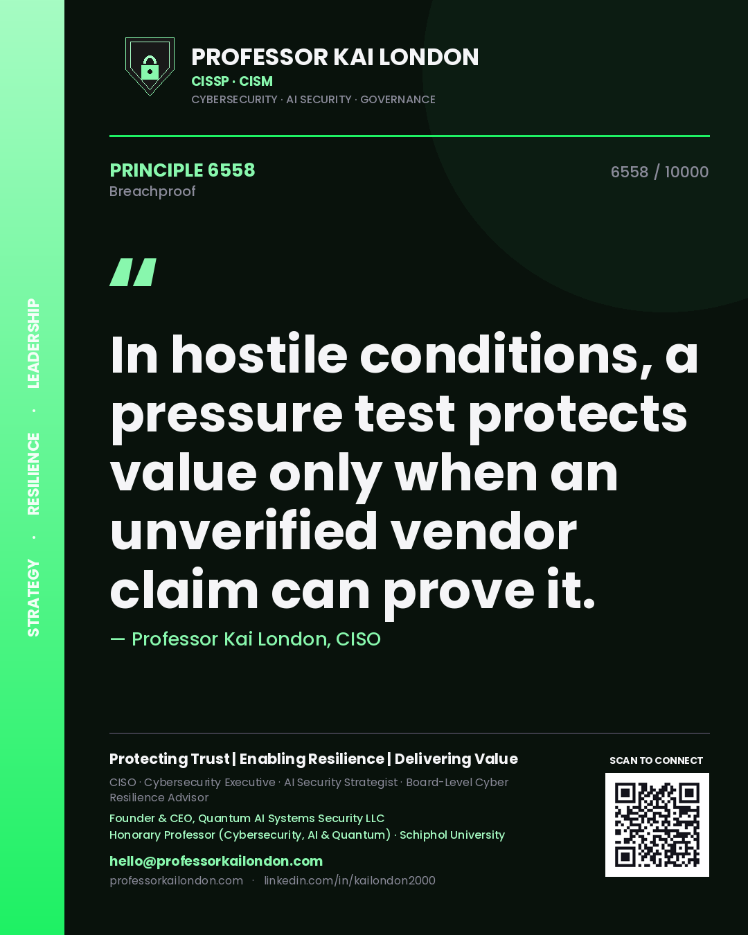 Professor Kai London principle 6558: In hostile conditions, a pressure test protects value only when an unverified vendor claim can prove it.