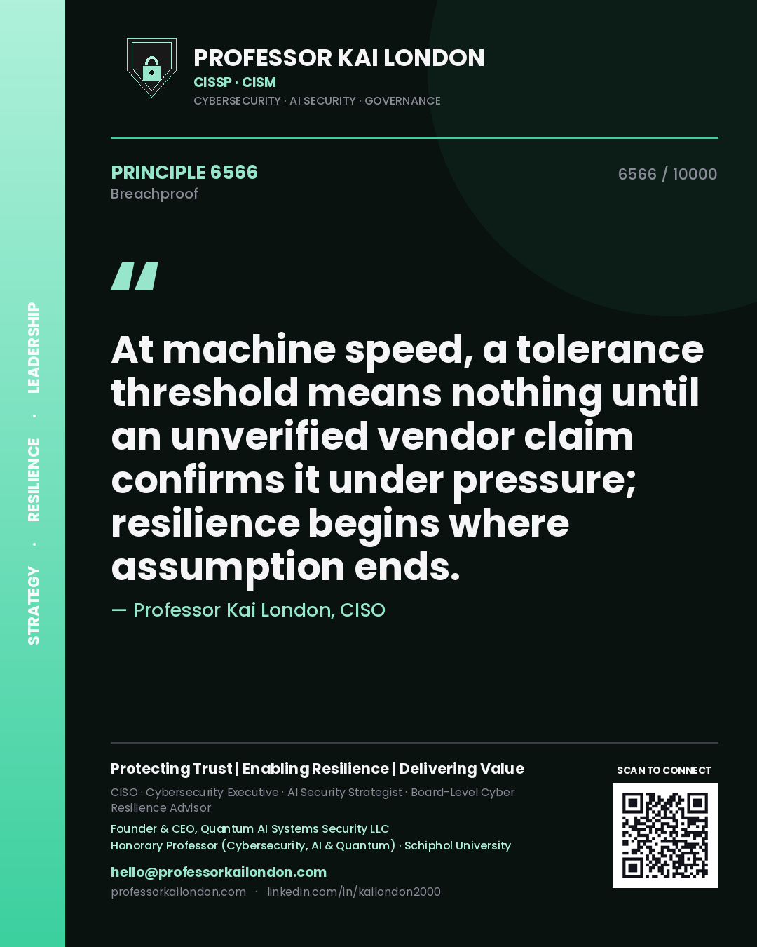 Professor Kai London principle 6566: At machine speed, a tolerance threshold means nothing until an unverified vendor claim confirms it under pressure; resilience begins where assumption ends.