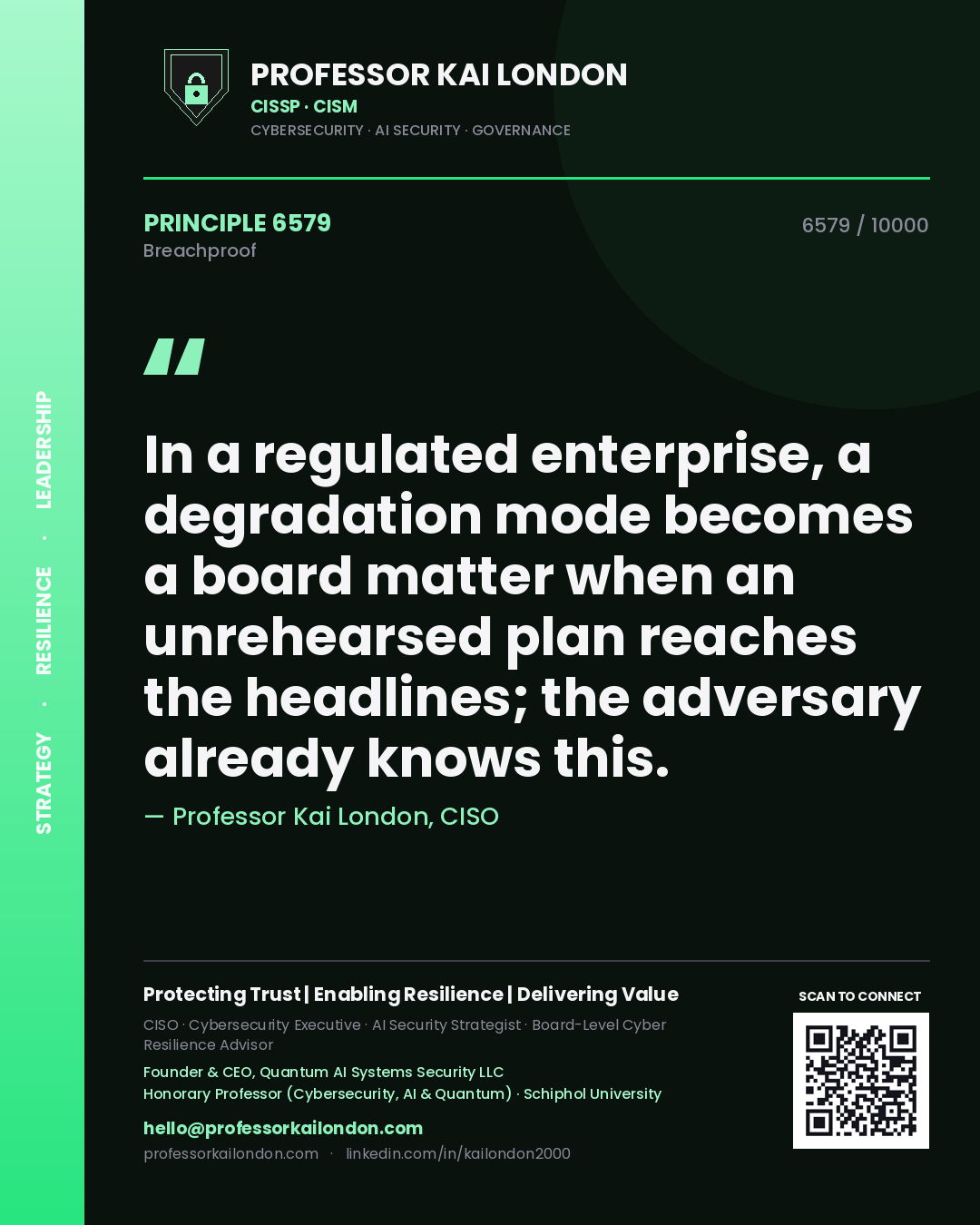 Professor Kai London principle 6579: In a regulated enterprise, a degradation mode becomes a board matter when an unrehearsed plan reaches the headlines; the adversary already knows this.