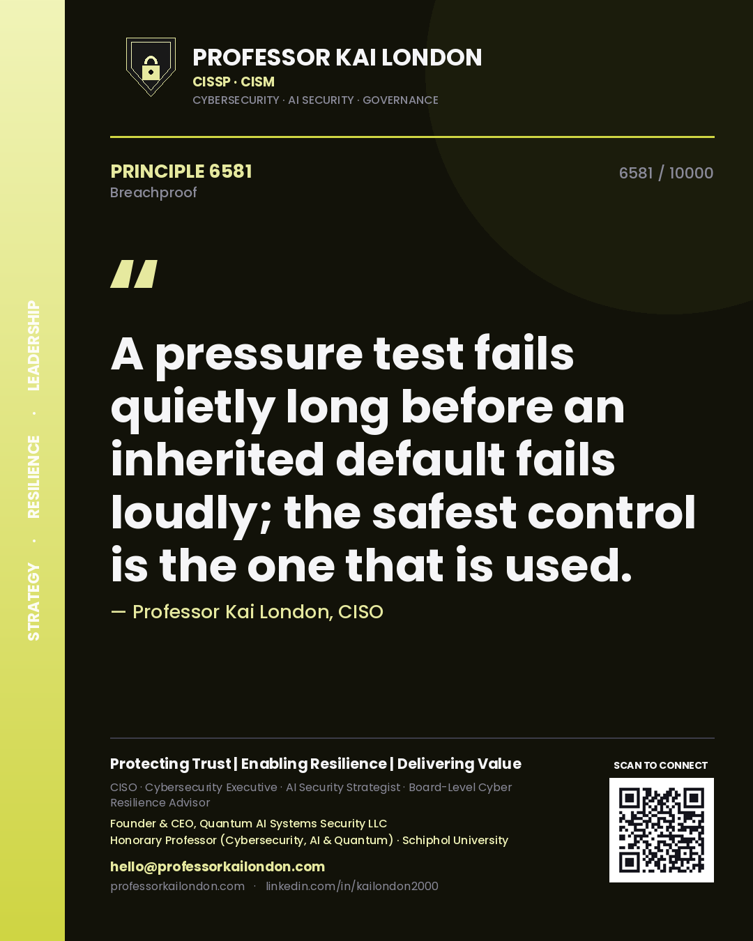 Professor Kai London principle 6581: A pressure test fails quietly long before an inherited default fails loudly; the safest control is the one that is used.
