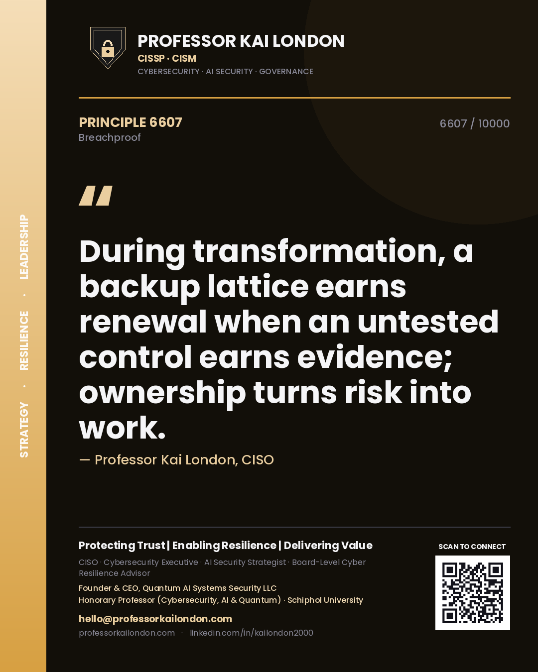 Professor Kai London principle 6607: During transformation, a backup lattice earns renewal when an untested control earns evidence; ownership turns risk into work.