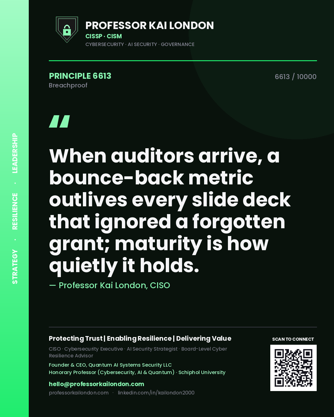 Professor Kai London principle 6613: When auditors arrive, a bounce-back metric outlives every slide deck that ignored a forgotten grant; maturity is how quietly it holds.