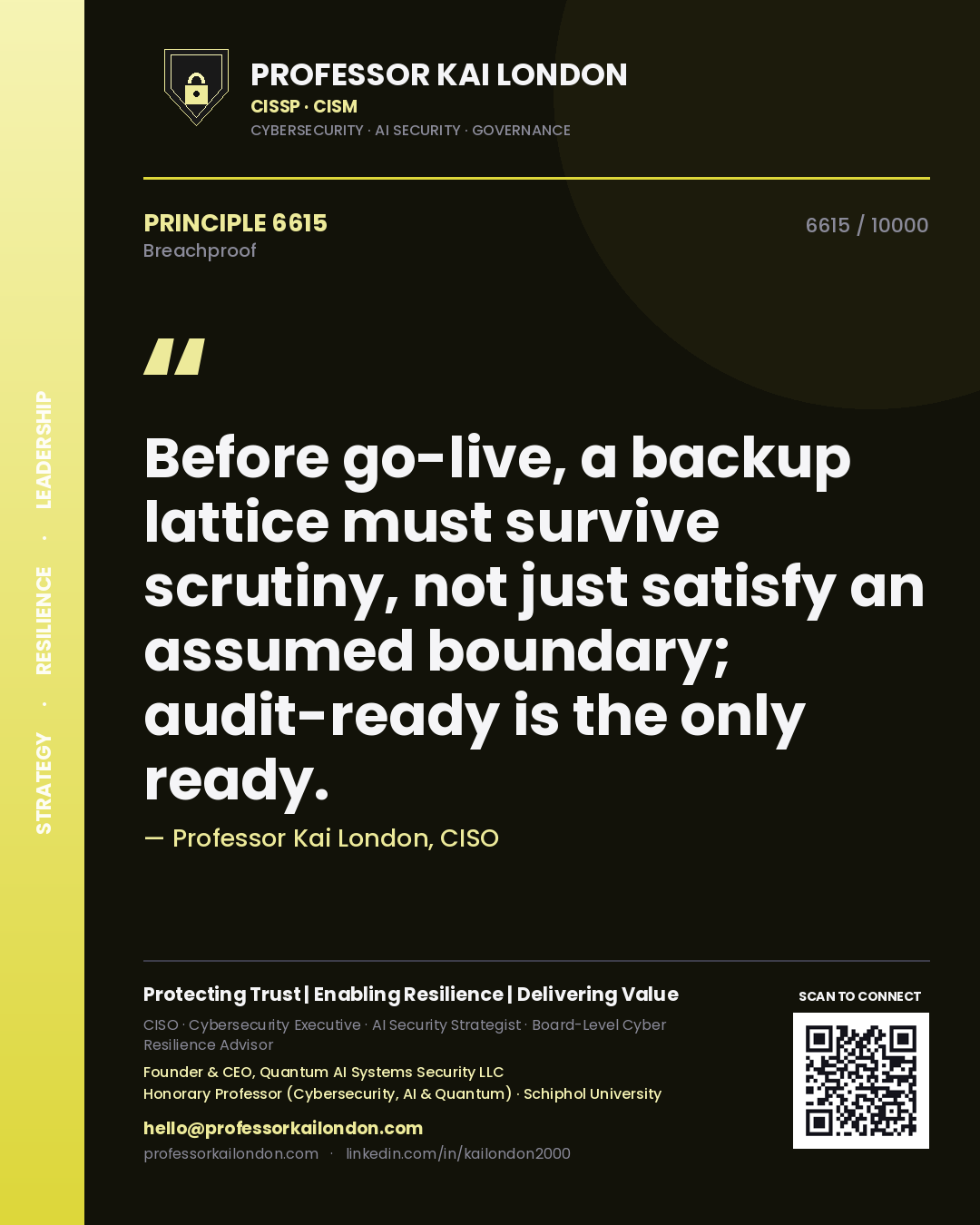 Professor Kai London principle 6615: Before go-live, a backup lattice must survive scrutiny, not just satisfy an assumed boundary; audit-ready is the only ready.