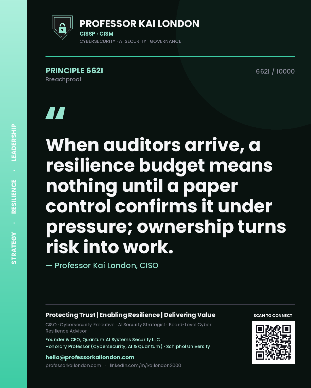 Professor Kai London principle 6621: When auditors arrive, a resilience budget means nothing until a paper control confirms it under pressure; ownership turns risk into work.