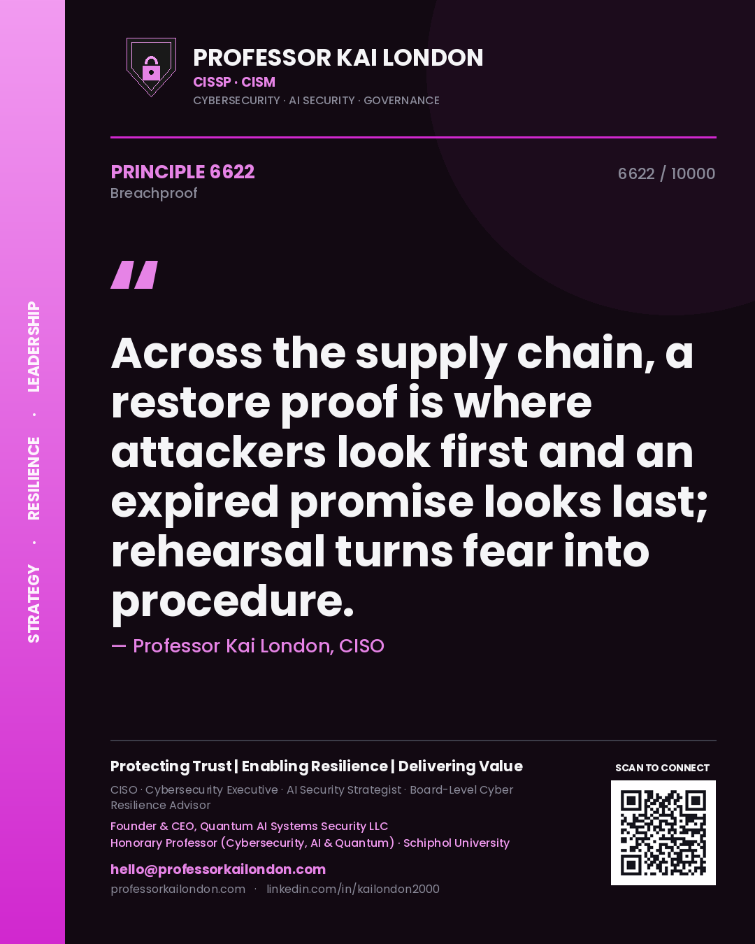 Professor Kai London principle 6622: Across the supply chain, a restore proof is where attackers look first and an expired promise looks last; rehearsal turns fear into procedure.