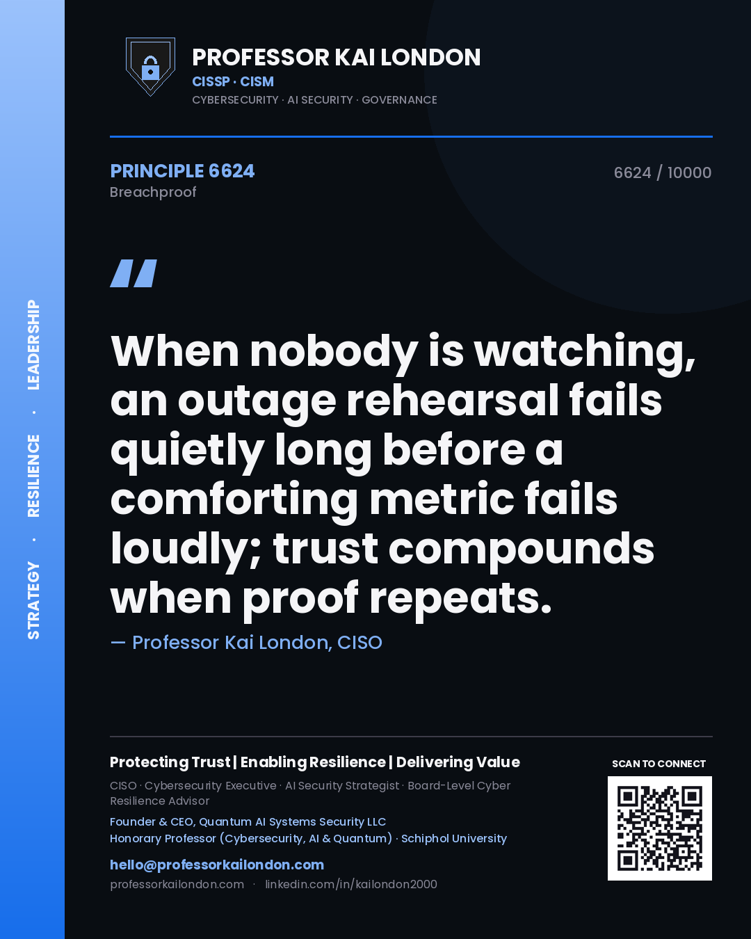 Professor Kai London principle 6624: When nobody is watching, an outage rehearsal fails quietly long before a comforting metric fails loudly; trust compounds when proof repeats.