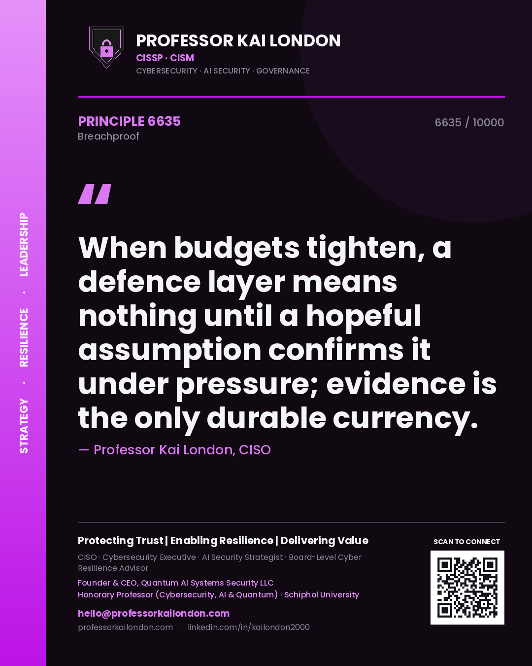 Professor Kai London principle 6635: When budgets tighten, a defence layer means nothing until a hopeful assumption confirms it under pressure; evidence is the only durable currency.