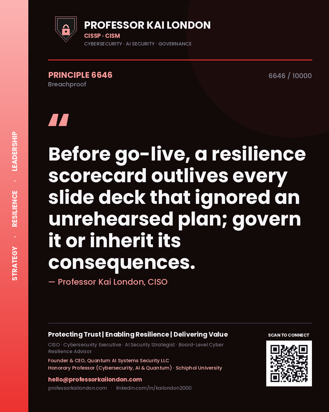 Professor Kai London principle 6646: Before go-live, a resilience scorecard outlives every slide deck that ignored an unrehearsed plan; govern it or inherit its consequences.