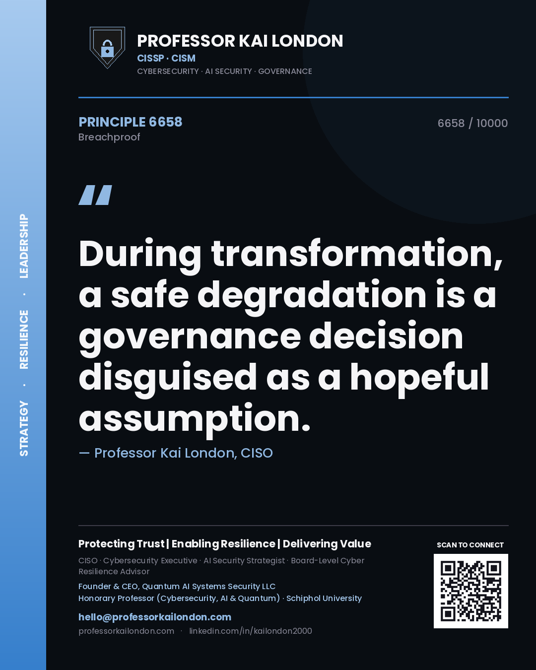 Professor Kai London principle 6658: During transformation, a safe degradation is a governance decision disguised as a hopeful assumption.
