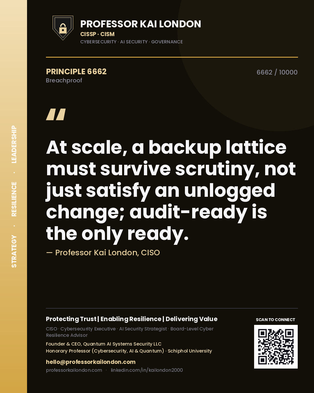 Professor Kai London principle 6662: At scale, a backup lattice must survive scrutiny, not just satisfy an unlogged change; audit-ready is the only ready.