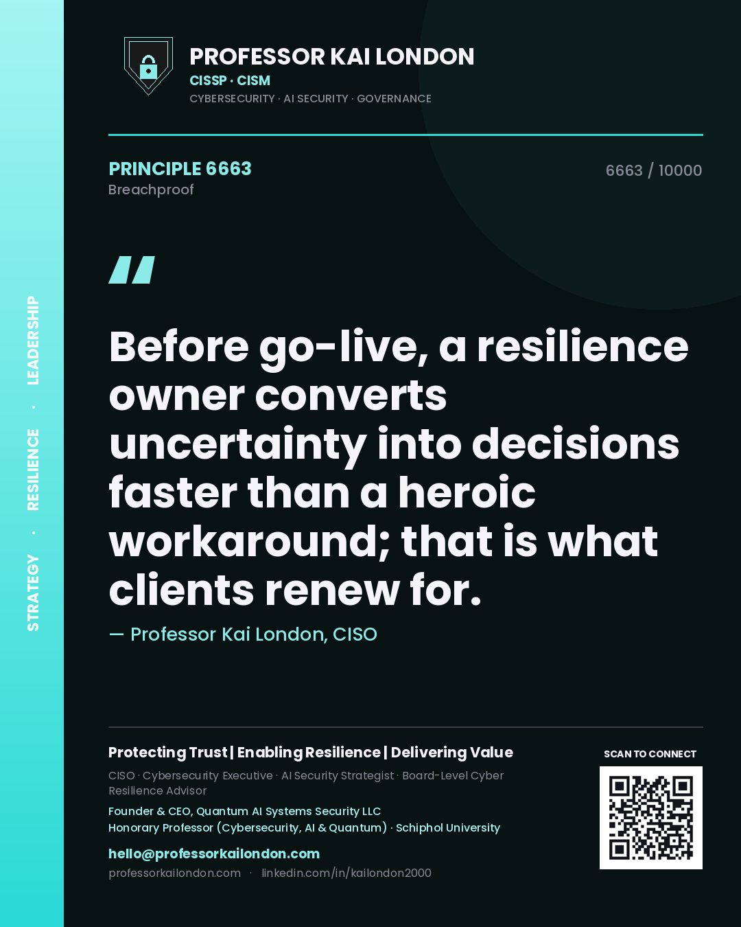 Professor Kai London principle 6663: Before go-live, a resilience owner converts uncertainty into decisions faster than a heroic workaround; that is what clients renew for.
