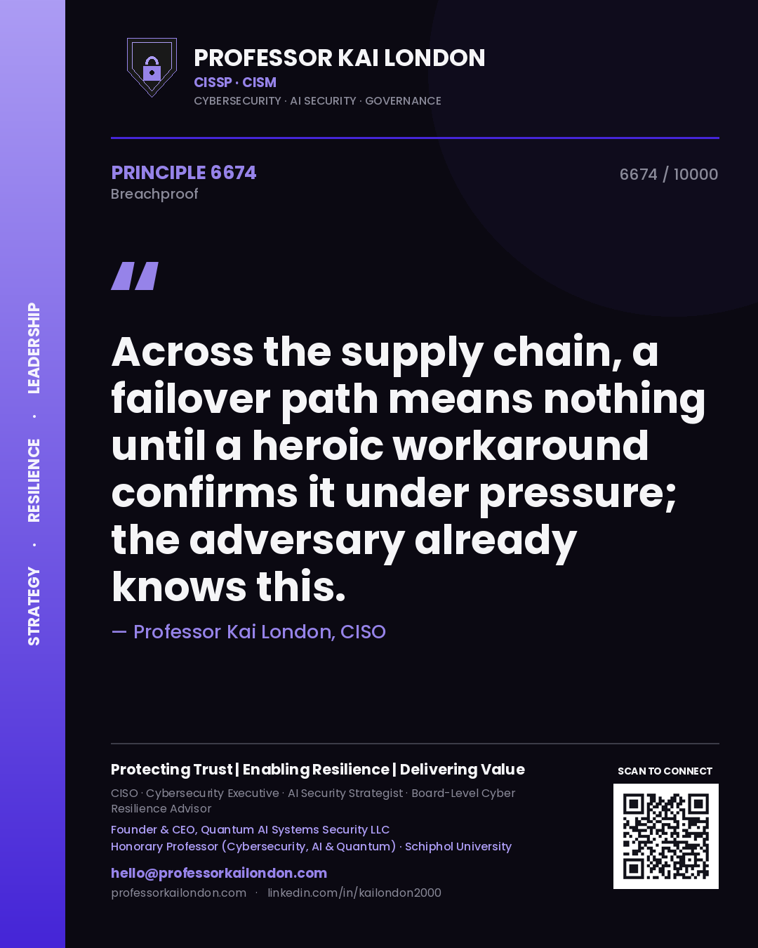 Professor Kai London principle 6674: Across the supply chain, a failover path means nothing until a heroic workaround confirms it under pressure; the adversary already knows this.