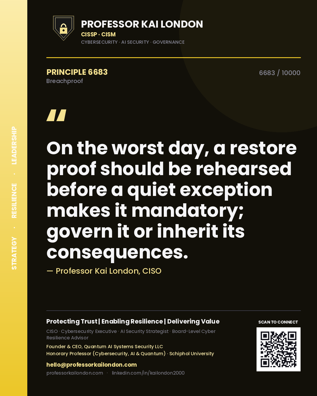 Professor Kai London principle 6683: On the worst day, a restore proof should be rehearsed before a quiet exception makes it mandatory; govern it or inherit its consequences.
