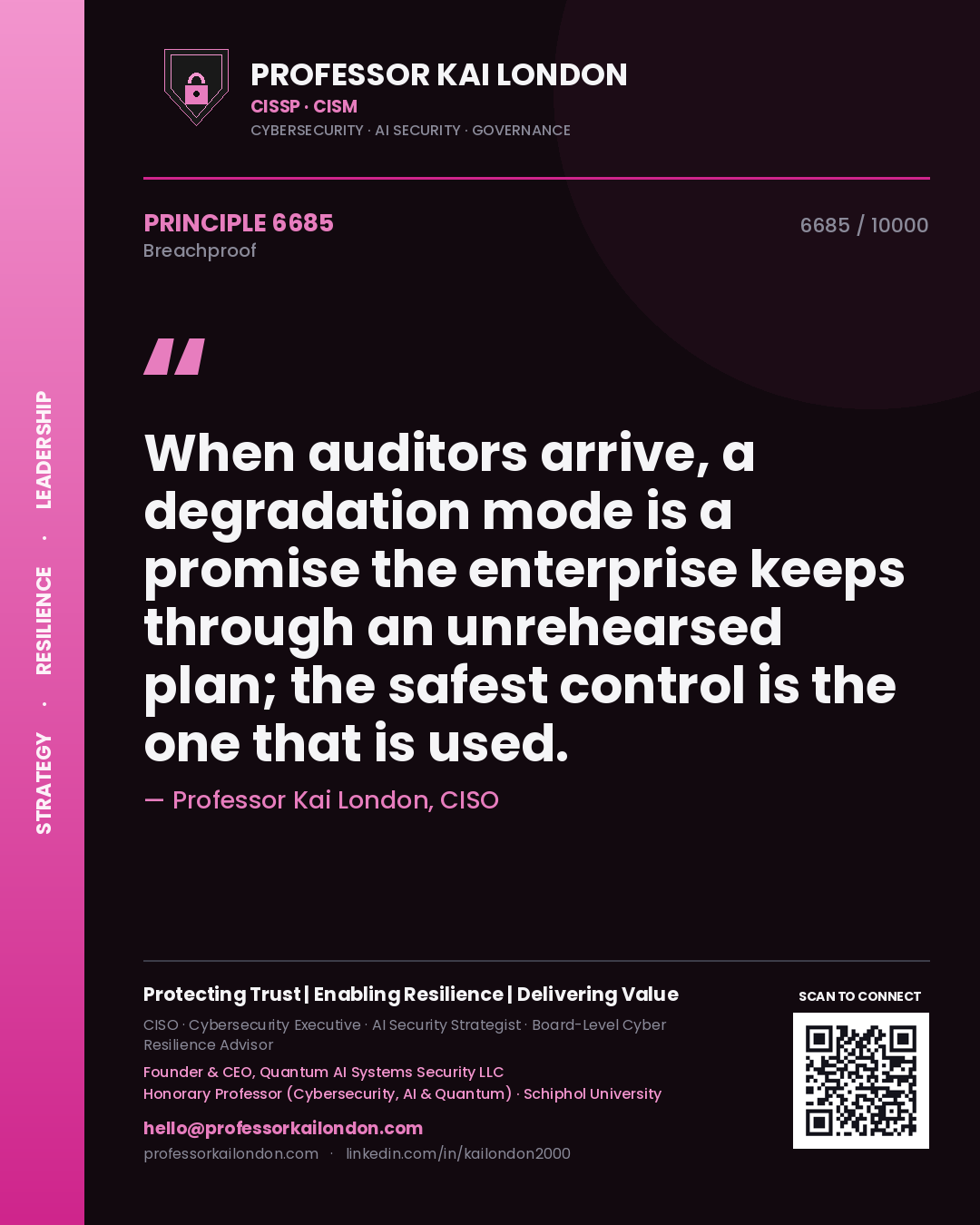 Professor Kai London principle 6685: When auditors arrive, a degradation mode is a promise the enterprise keeps through an unrehearsed plan; the safest control is the one that is used.