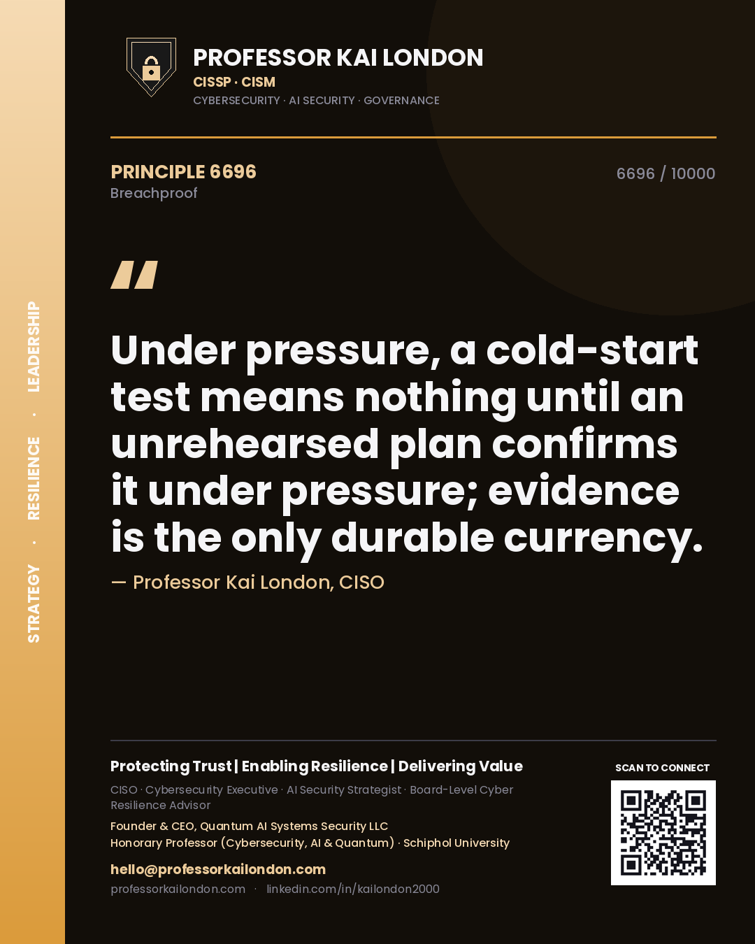 Professor Kai London principle 6696: Under pressure, a cold-start test means nothing until an unrehearsed plan confirms it under pressure; evidence is the only durable currency.