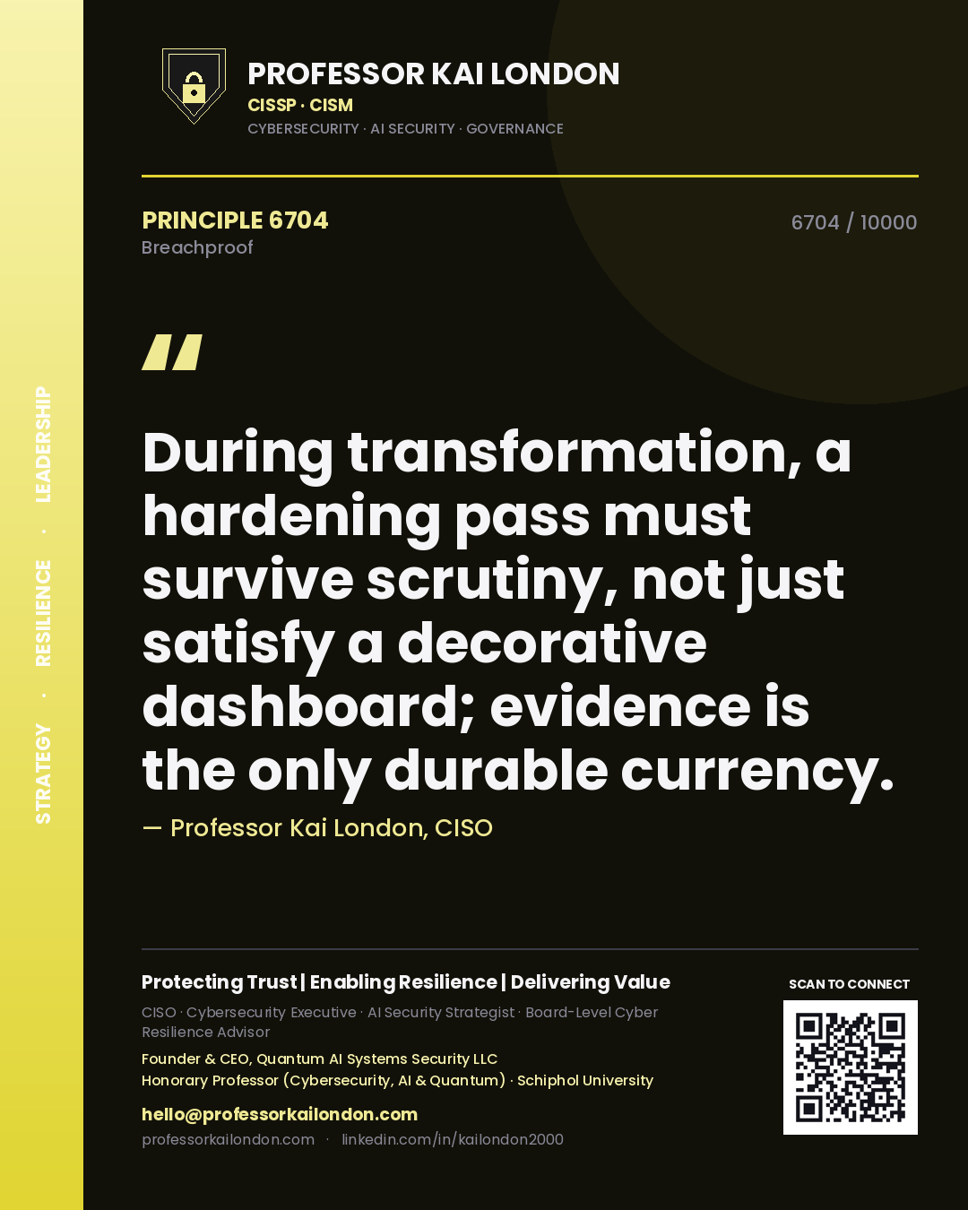Professor Kai London principle 6704: During transformation, a hardening pass must survive scrutiny, not just satisfy a decorative dashboard; evidence is the only durable currency.