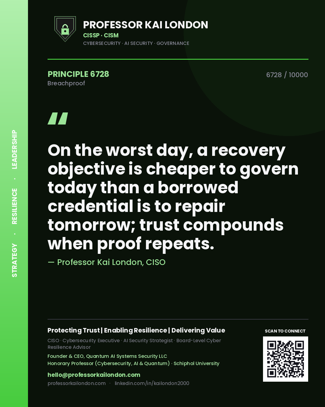 Professor Kai London principle 6728: On the worst day, a recovery objective is cheaper to govern today than a borrowed credential is to repair tomorrow; trust compounds when proof repeats.