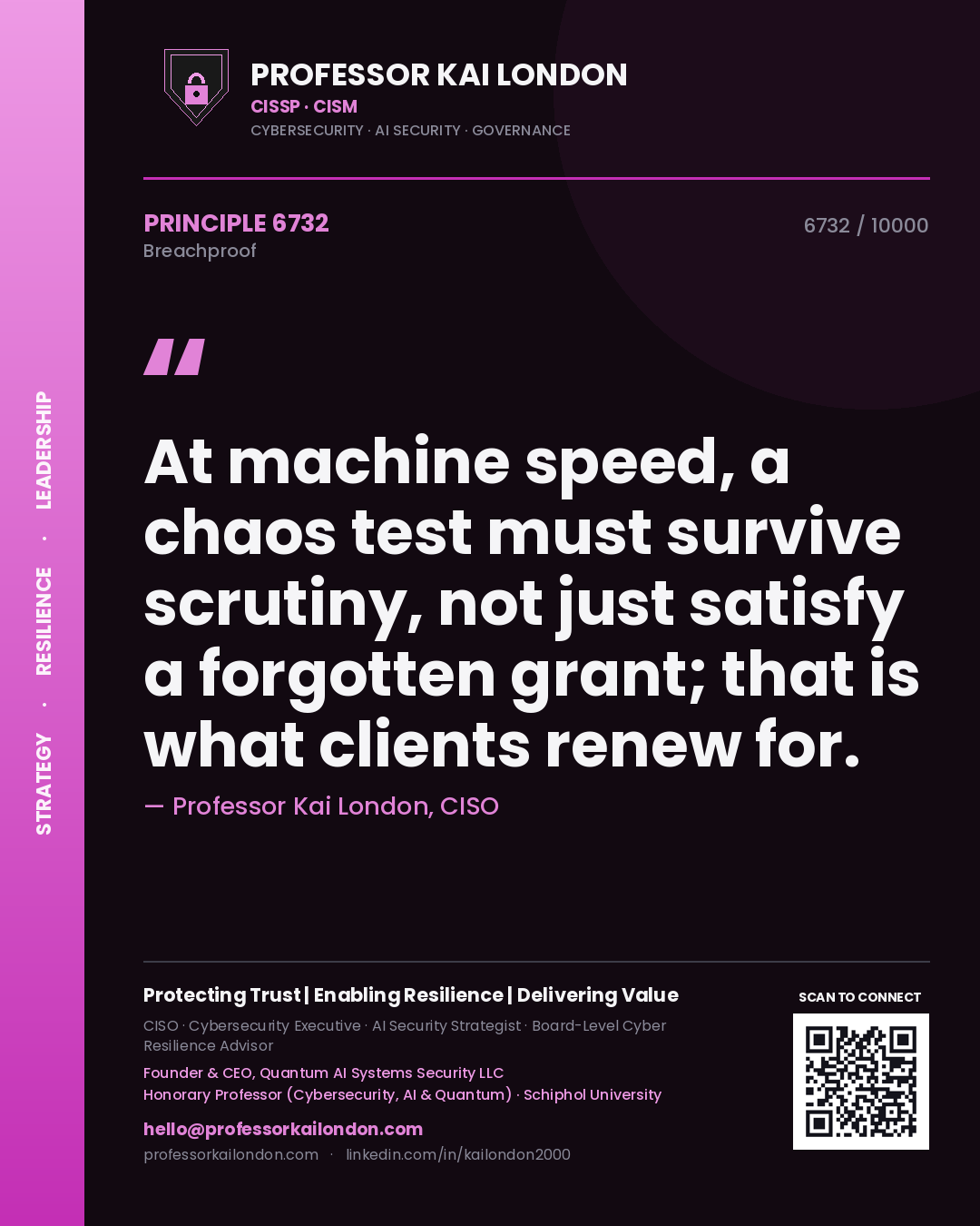 Professor Kai London principle 6732: At machine speed, a chaos test must survive scrutiny, not just satisfy a forgotten grant; that is what clients renew for.