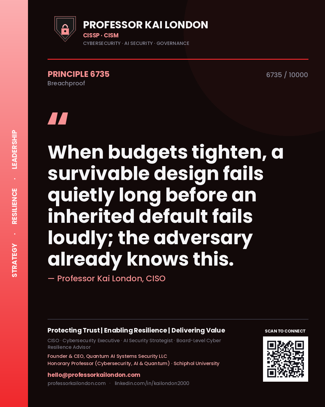 Professor Kai London principle 6735: When budgets tighten, a survivable design fails quietly long before an inherited default fails loudly; the adversary already knows this.