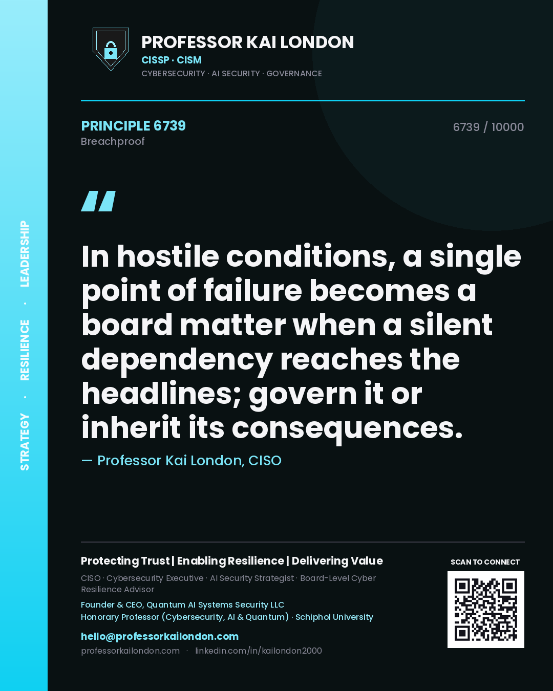 Professor Kai London principle 6739: In hostile conditions, a single point of failure becomes a board matter when a silent dependency reaches the headlines; govern it or inherit its consequences.