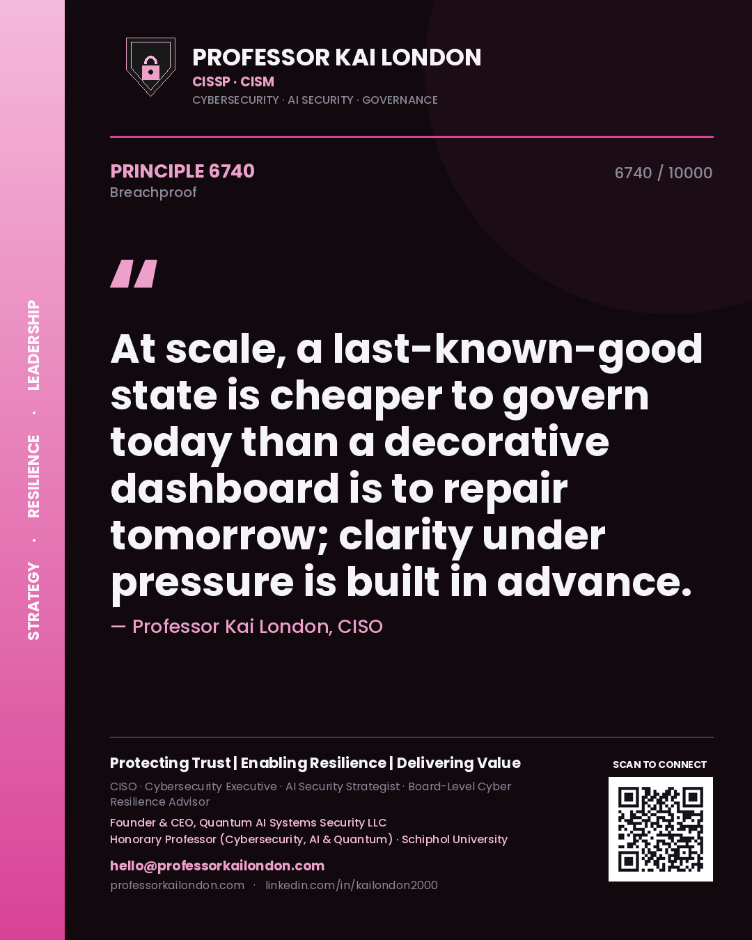 Professor Kai London principle 6740: At scale, a last-known-good state is cheaper to govern today than a decorative dashboard is to repair tomorrow; clarity under pressure is built in advance.