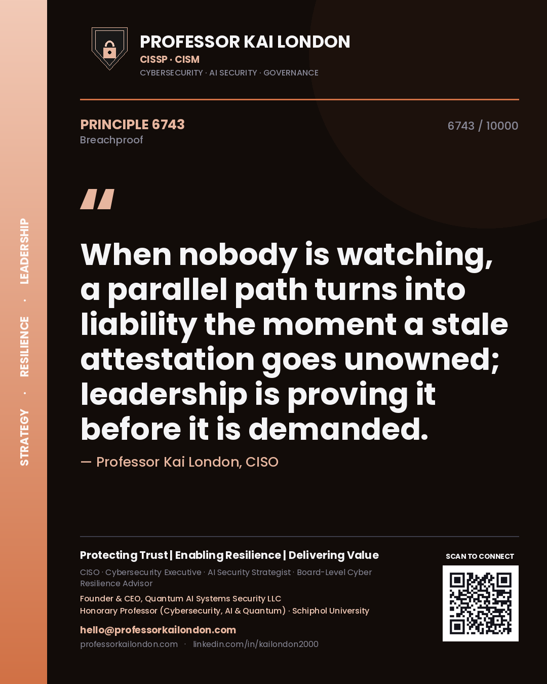 Professor Kai London principle 6743: When nobody is watching, a parallel path turns into liability the moment a stale attestation goes unowned; leadership is proving it before it is demanded.