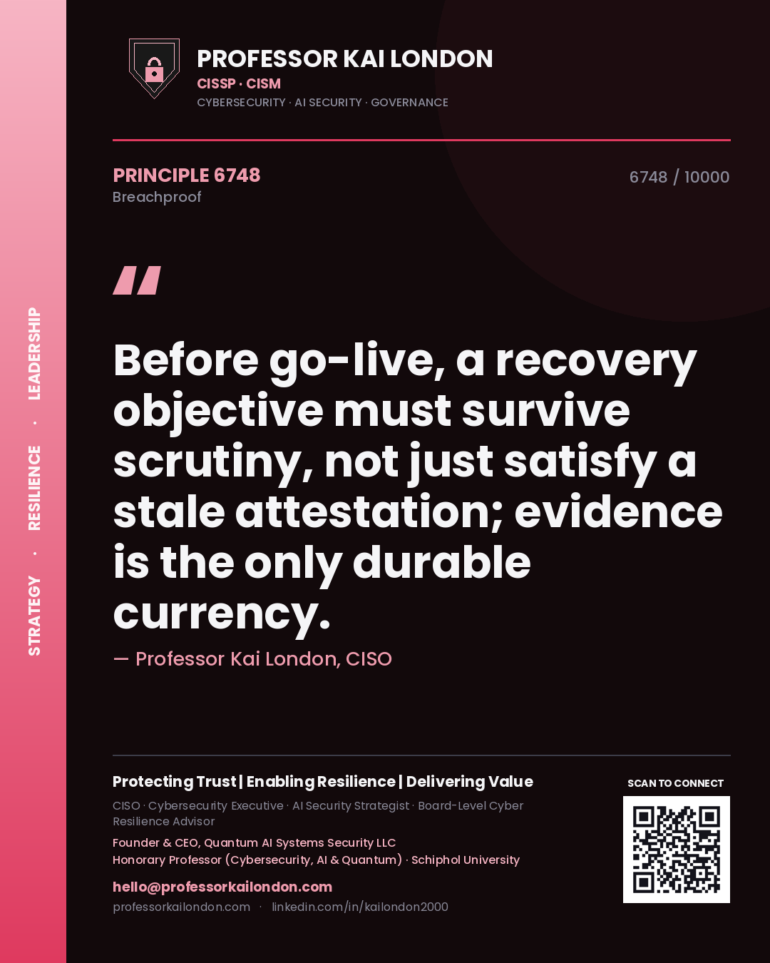 Professor Kai London principle 6748: Before go-live, a recovery objective must survive scrutiny, not just satisfy a stale attestation; evidence is the only durable currency.