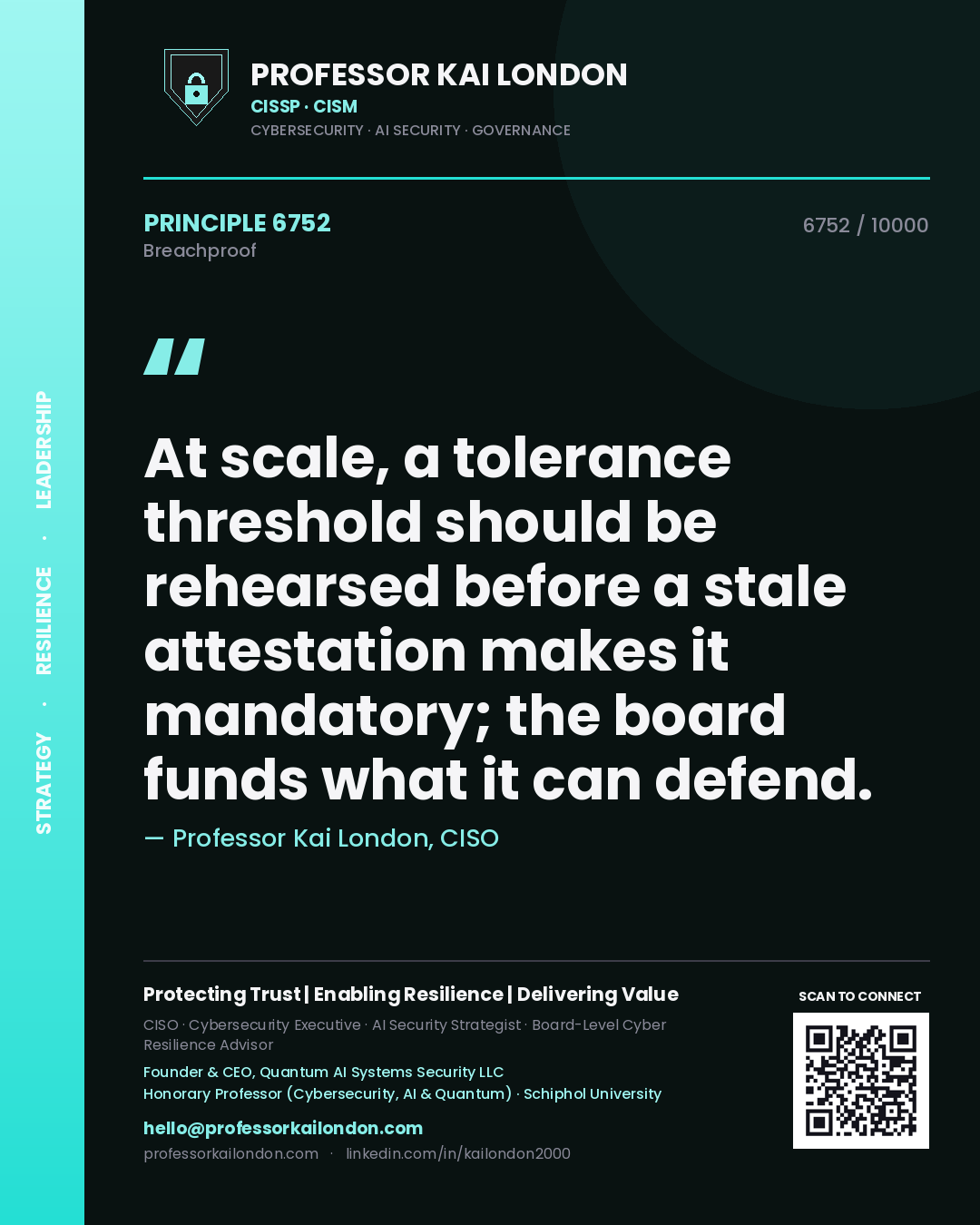 Professor Kai London principle 6752: At scale, a tolerance threshold should be rehearsed before a stale attestation makes it mandatory; the board funds what it can defend.