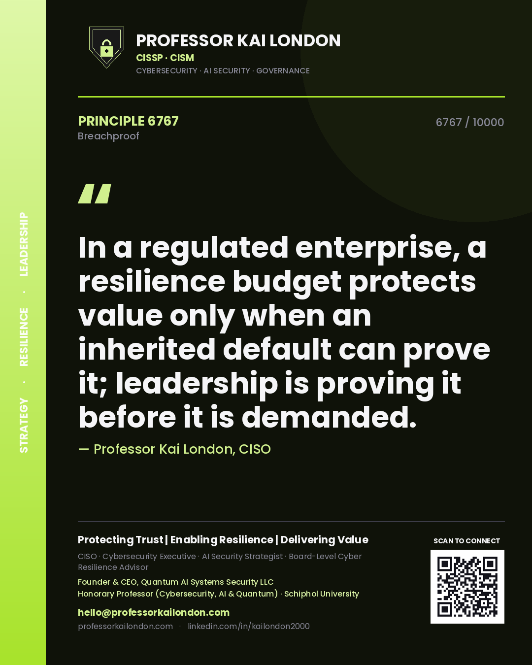Professor Kai London principle 6767: In a regulated enterprise, a resilience budget protects value only when an inherited default can prove it; leadership is proving it before it is demanded.