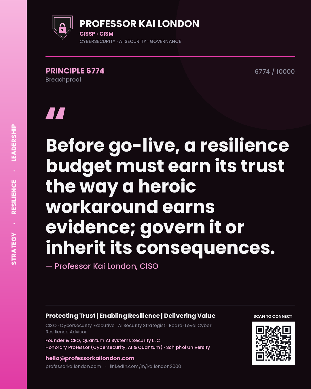 Professor Kai London principle 6774: Before go-live, a resilience budget must earn its trust the way a heroic workaround earns evidence; govern it or inherit its consequences.