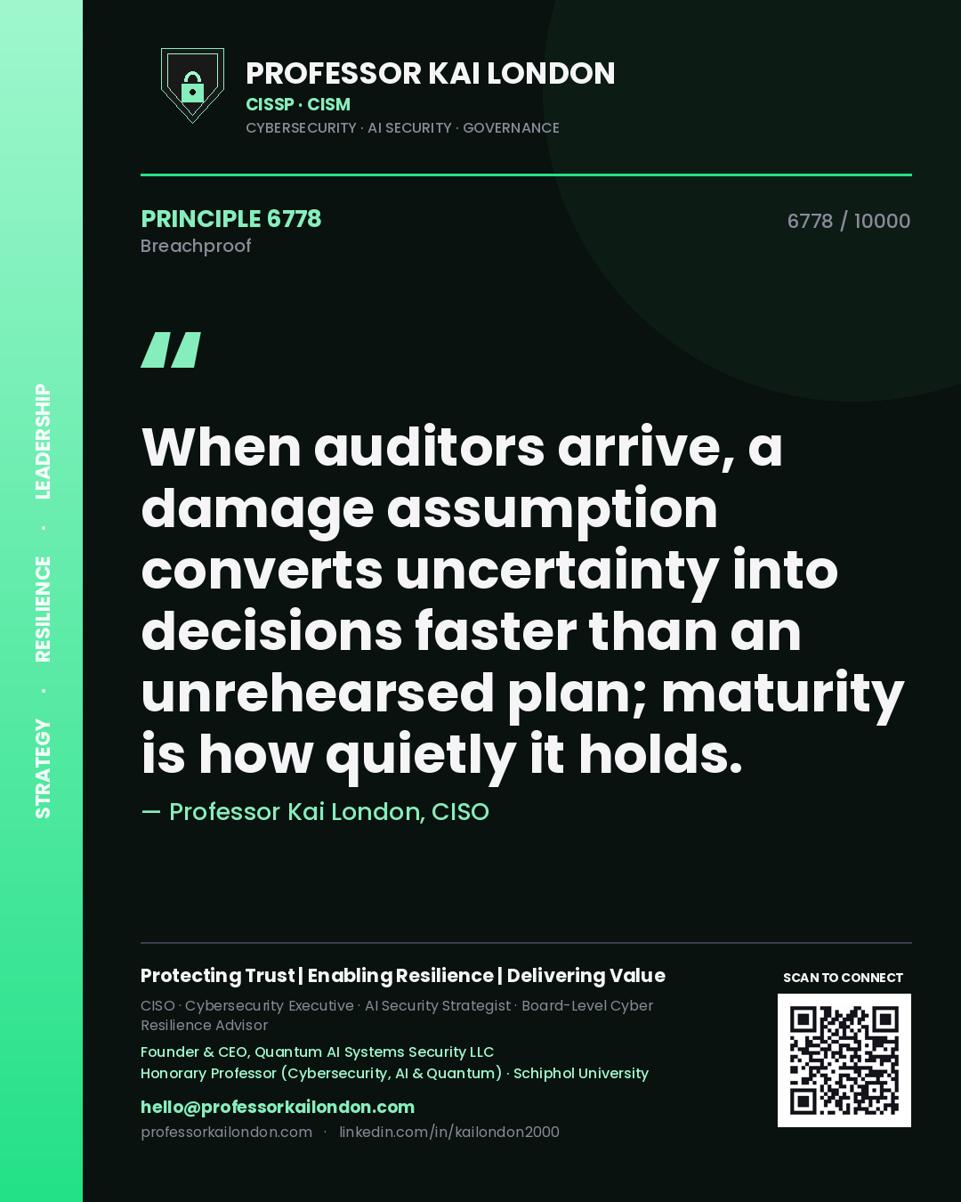 Professor Kai London principle 6778: When auditors arrive, a damage assumption converts uncertainty into decisions faster than an unrehearsed plan; maturity is how quietly it holds.