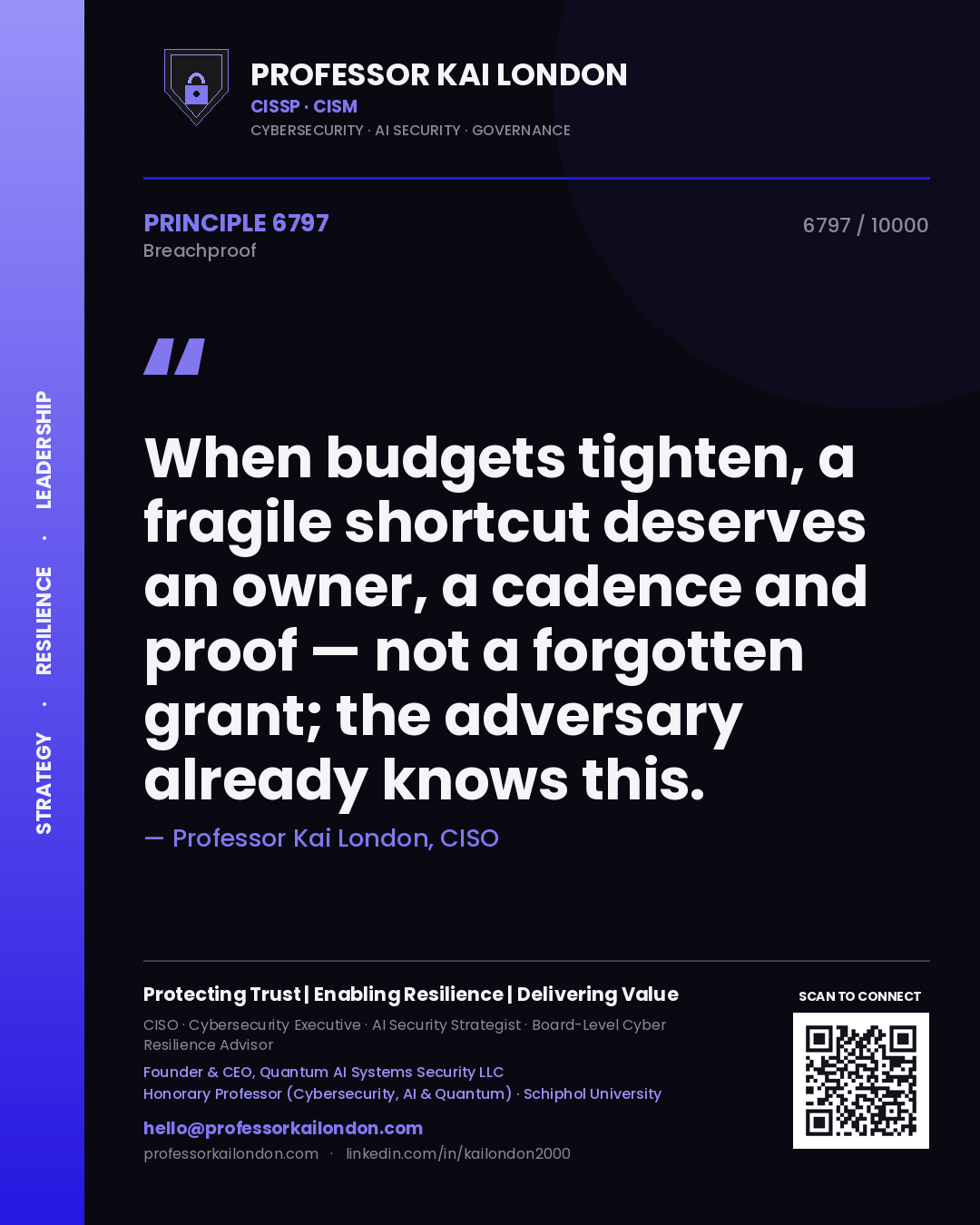 Professor Kai London principle 6797: When budgets tighten, a fragile shortcut deserves an owner, a cadence and proof — not a forgotten grant; the adversary already knows this.