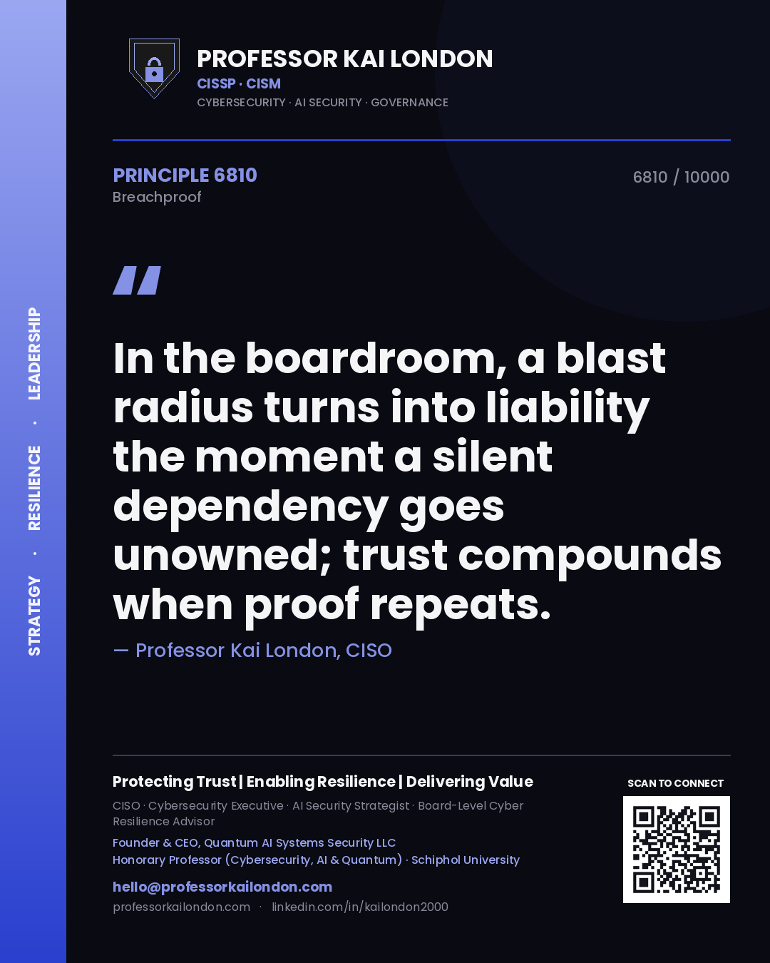 Professor Kai London principle 6810: In the boardroom, a blast radius turns into liability the moment a silent dependency goes unowned; trust compounds when proof repeats.