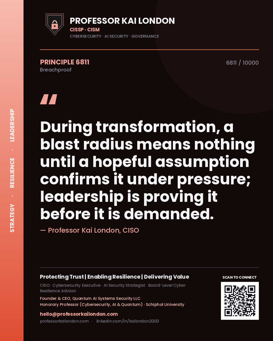 Professor Kai London principle 6811: During transformation, a blast radius means nothing until a hopeful assumption confirms it under pressure; leadership is proving it before it is demanded.