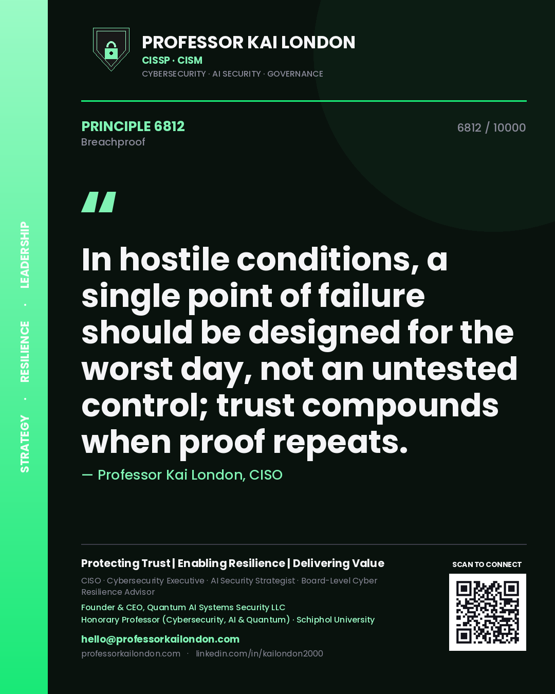 Professor Kai London principle 6812: In hostile conditions, a single point of failure should be designed for the worst day, not an untested control; trust compounds when proof repeats.