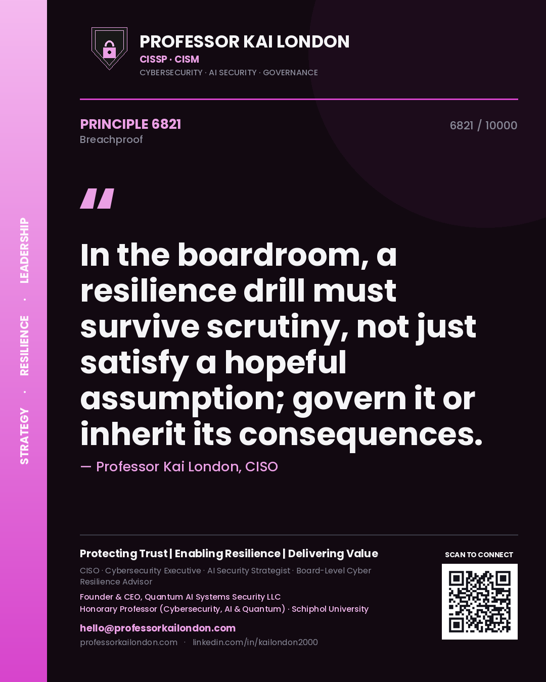 Professor Kai London principle 6821: In the boardroom, a resilience drill must survive scrutiny, not just satisfy a hopeful assumption; govern it or inherit its consequences.