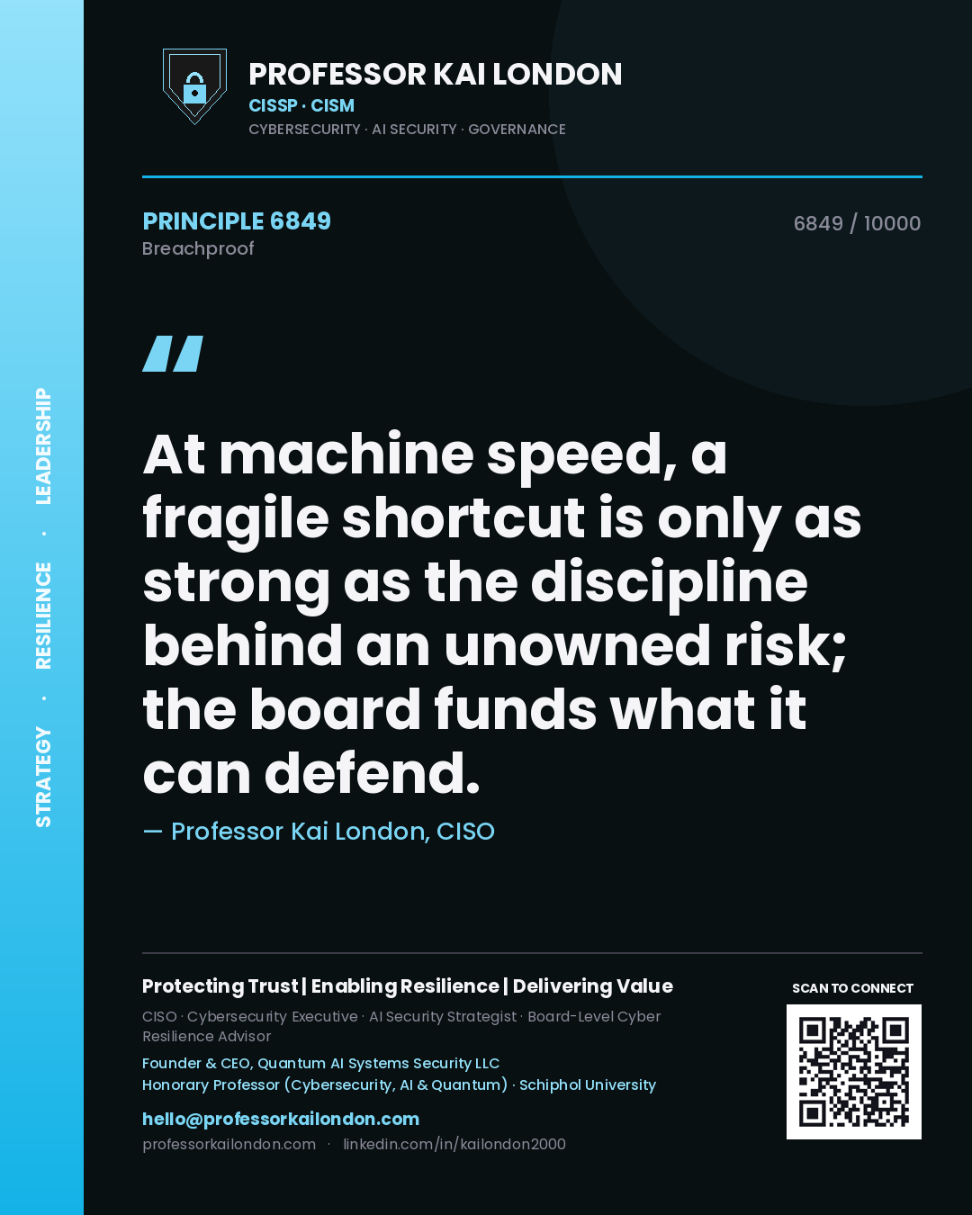 Professor Kai London principle 6849: At machine speed, a fragile shortcut is only as strong as the discipline behind an unowned risk; the board funds what it can defend.