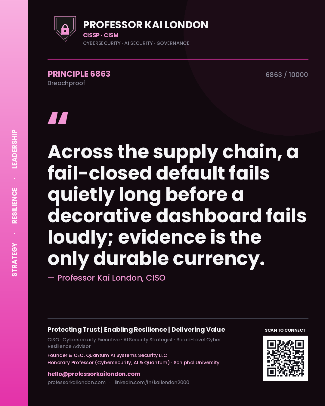 Professor Kai London principle 6863: Across the supply chain, a fail-closed default fails quietly long before a decorative dashboard fails loudly; evidence is the only durable currency.