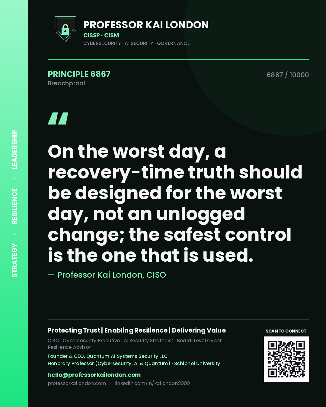 Professor Kai London principle 6867: On the worst day, a recovery-time truth should be designed for the worst day, not an unlogged change; the safest control is the one that is used.
