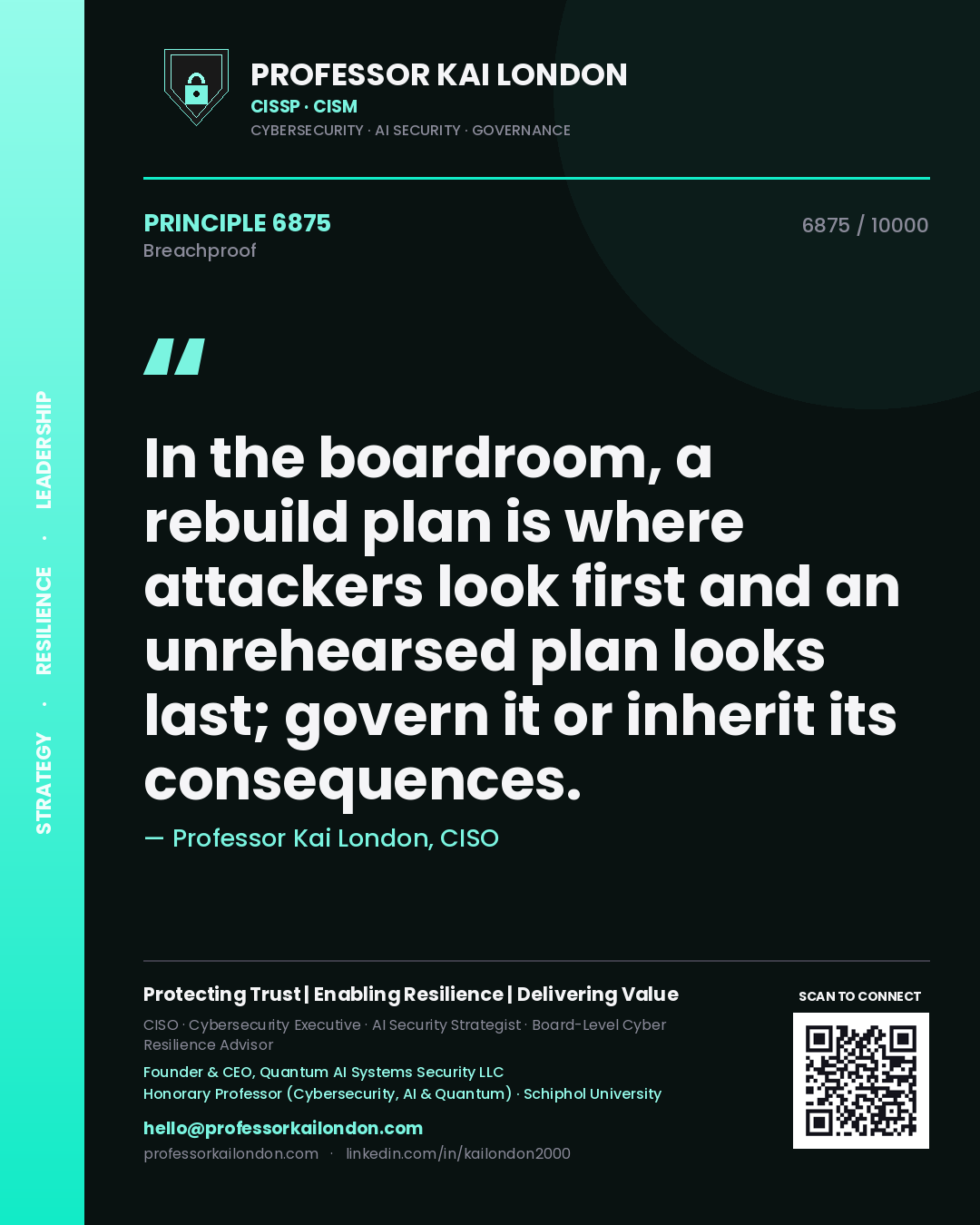 Professor Kai London principle 6875: In the boardroom, a rebuild plan is where attackers look first and an unrehearsed plan looks last; govern it or inherit its consequences.