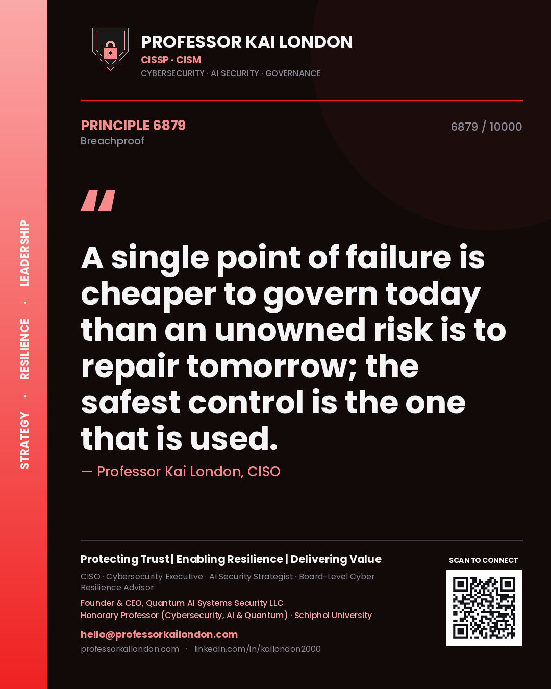 Professor Kai London principle 6879: A single point of failure is cheaper to govern today than an unowned risk is to repair tomorrow; the safest control is the one that is used.