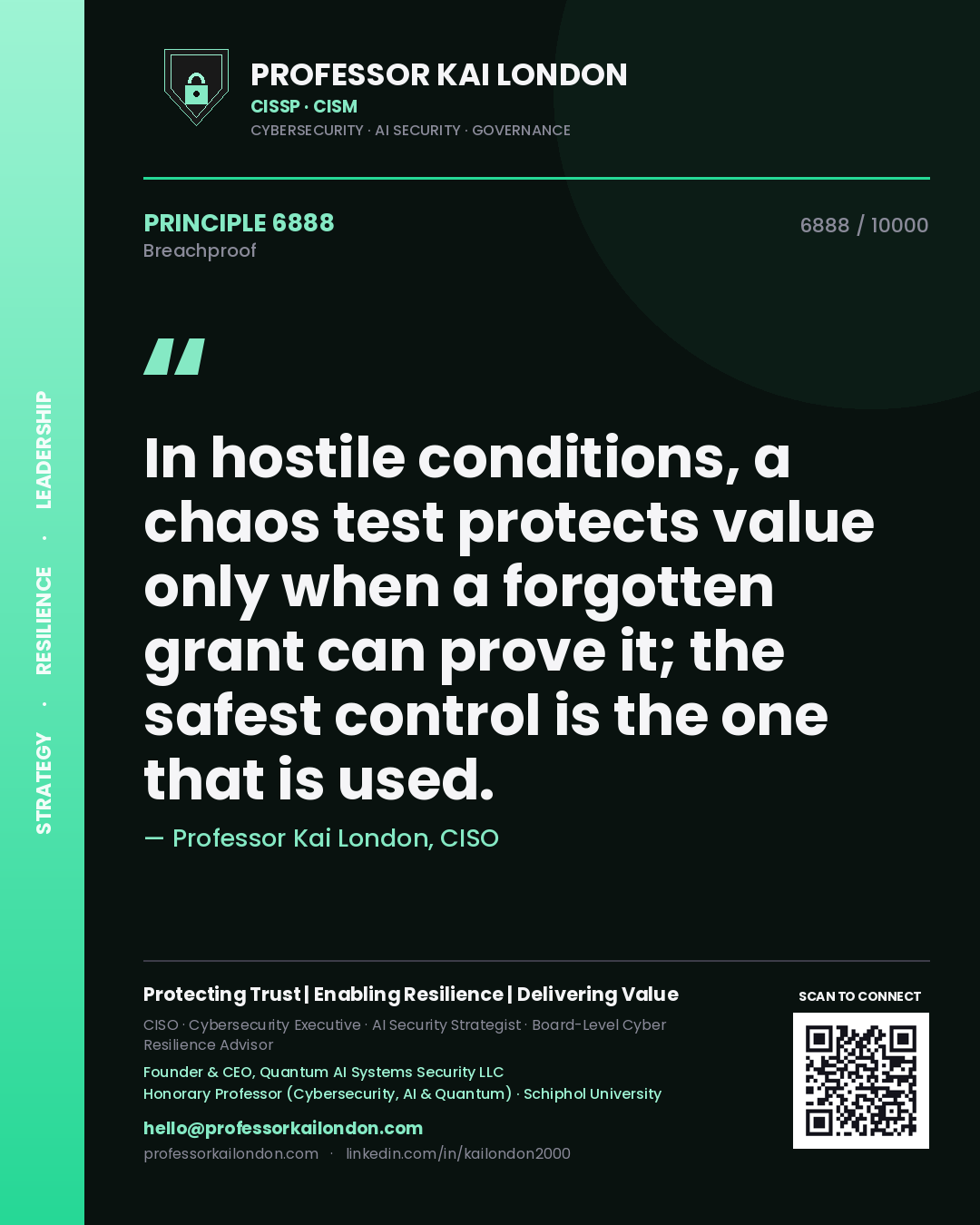 Professor Kai London principle 6888: In hostile conditions, a chaos test protects value only when a forgotten grant can prove it; the safest control is the one that is used.