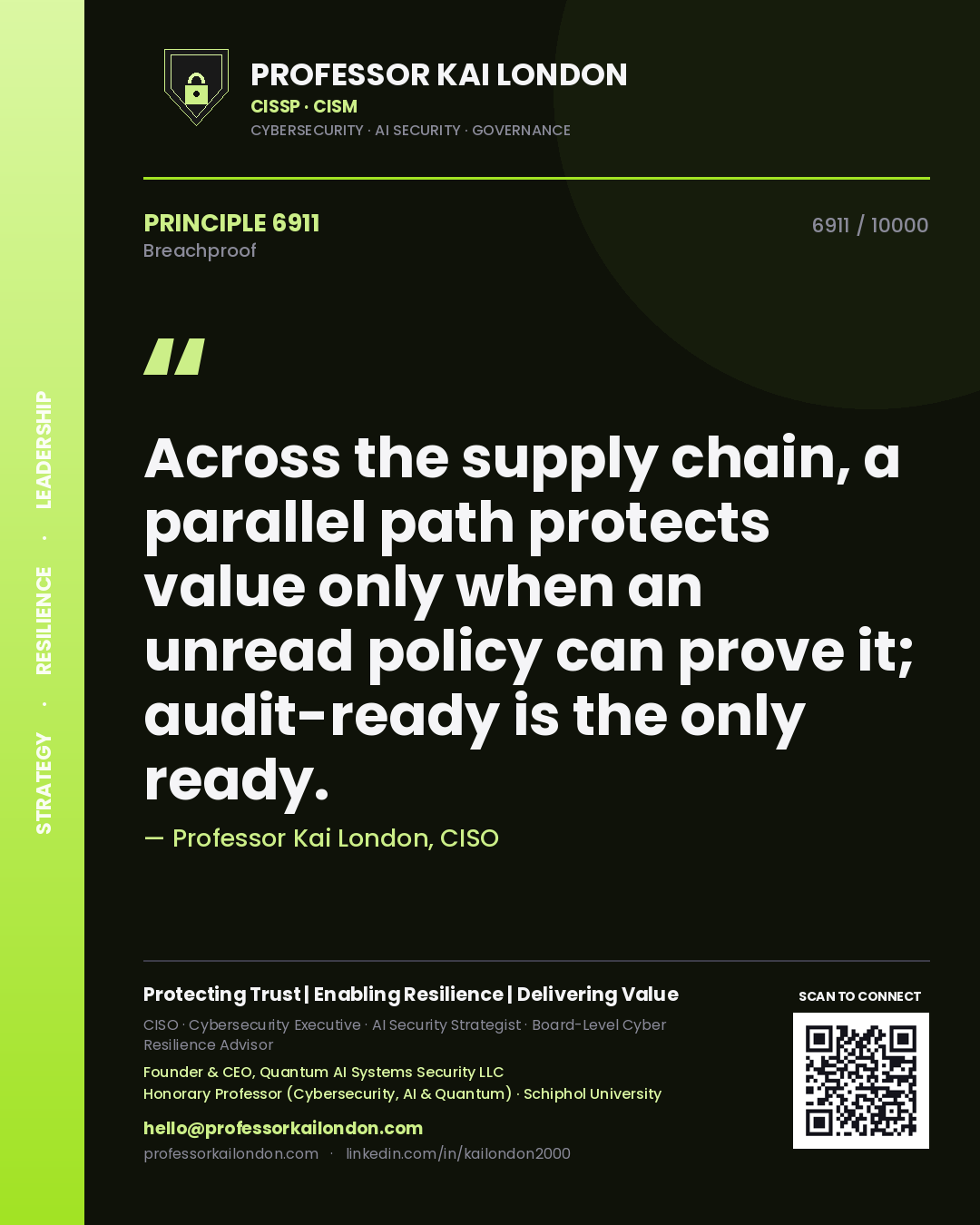 Professor Kai London principle 6911: Across the supply chain, a parallel path protects value only when an unread policy can prove it; audit-ready is the only ready.