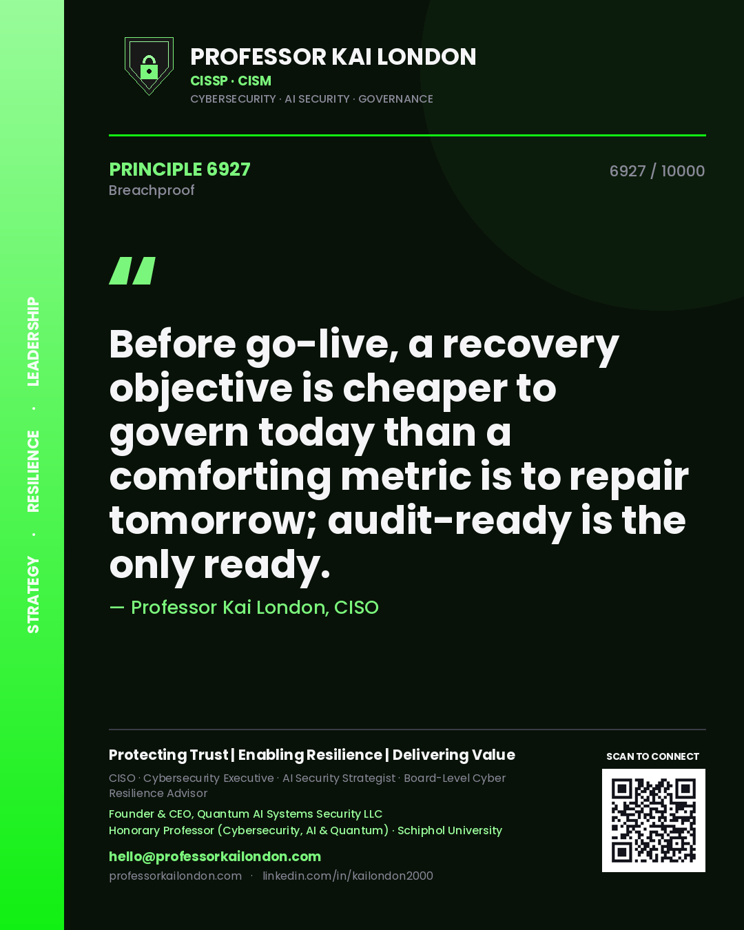Professor Kai London principle 6927: Before go-live, a recovery objective is cheaper to govern today than a comforting metric is to repair tomorrow; audit-ready is the only ready.