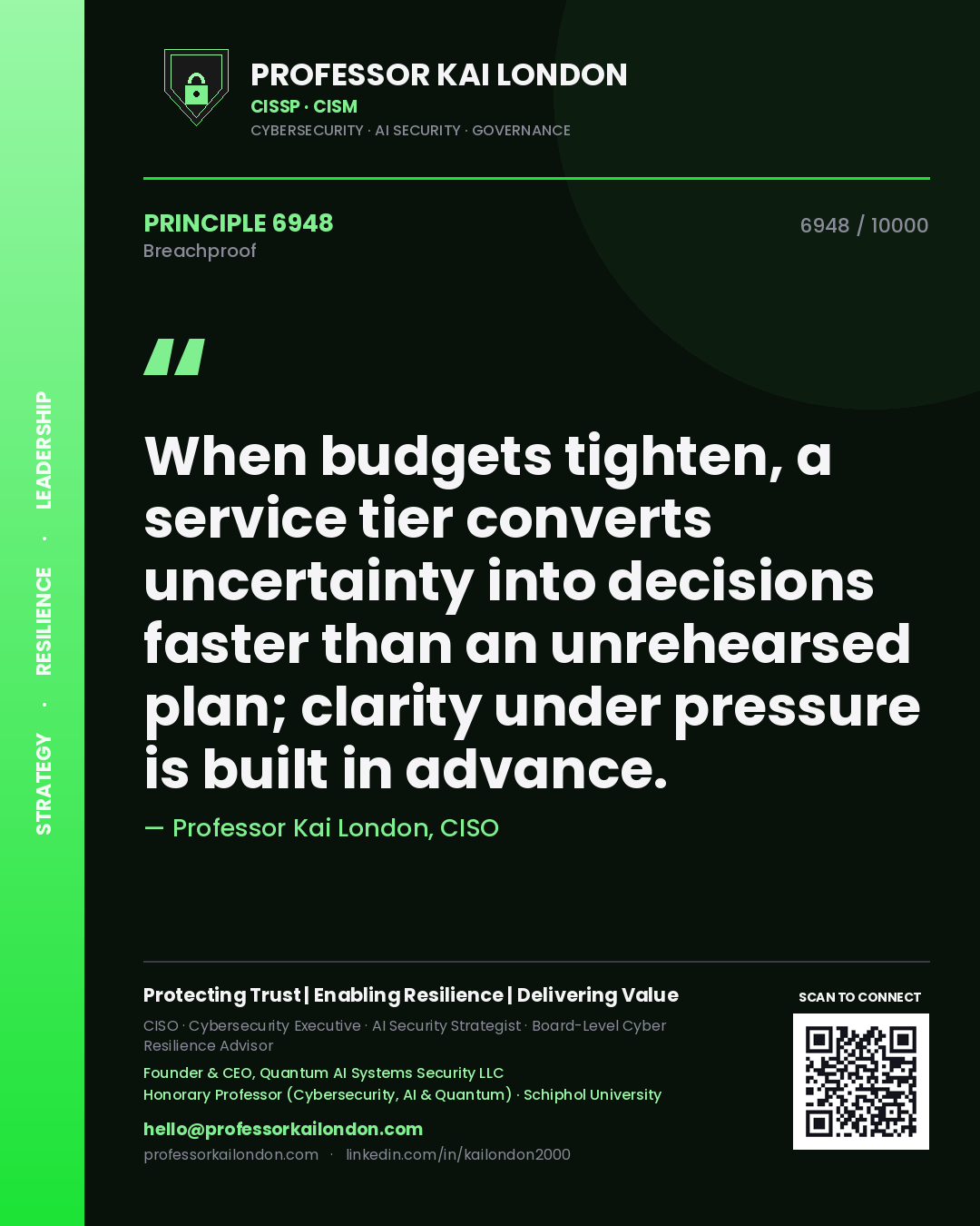 Professor Kai London principle 6948: When budgets tighten, a service tier converts uncertainty into decisions faster than an unrehearsed plan; clarity under pressure is built in advance.