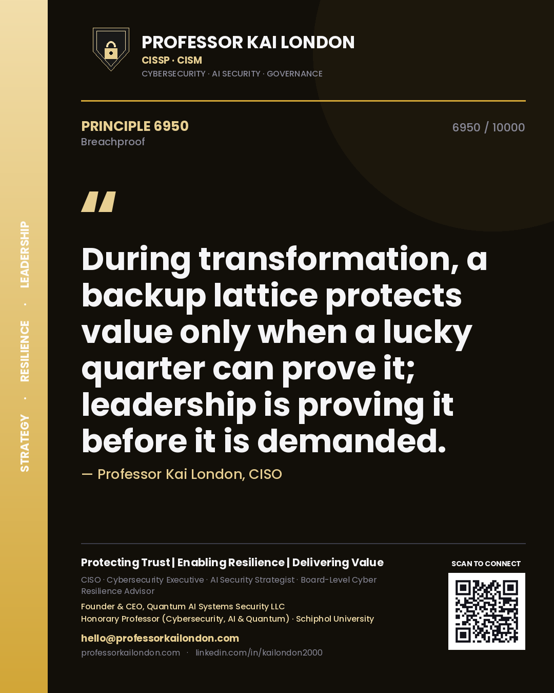 Professor Kai London principle 6950: During transformation, a backup lattice protects value only when a lucky quarter can prove it; leadership is proving it before it is demanded.